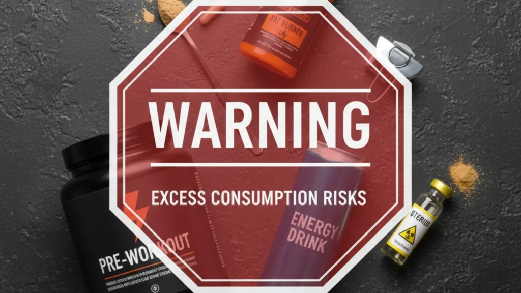 Flat lay of different types of gym boosters — labeled pre-workout, fat burner, energy drink, and steroid vial — with a red warning sign overlay, realistic photography.